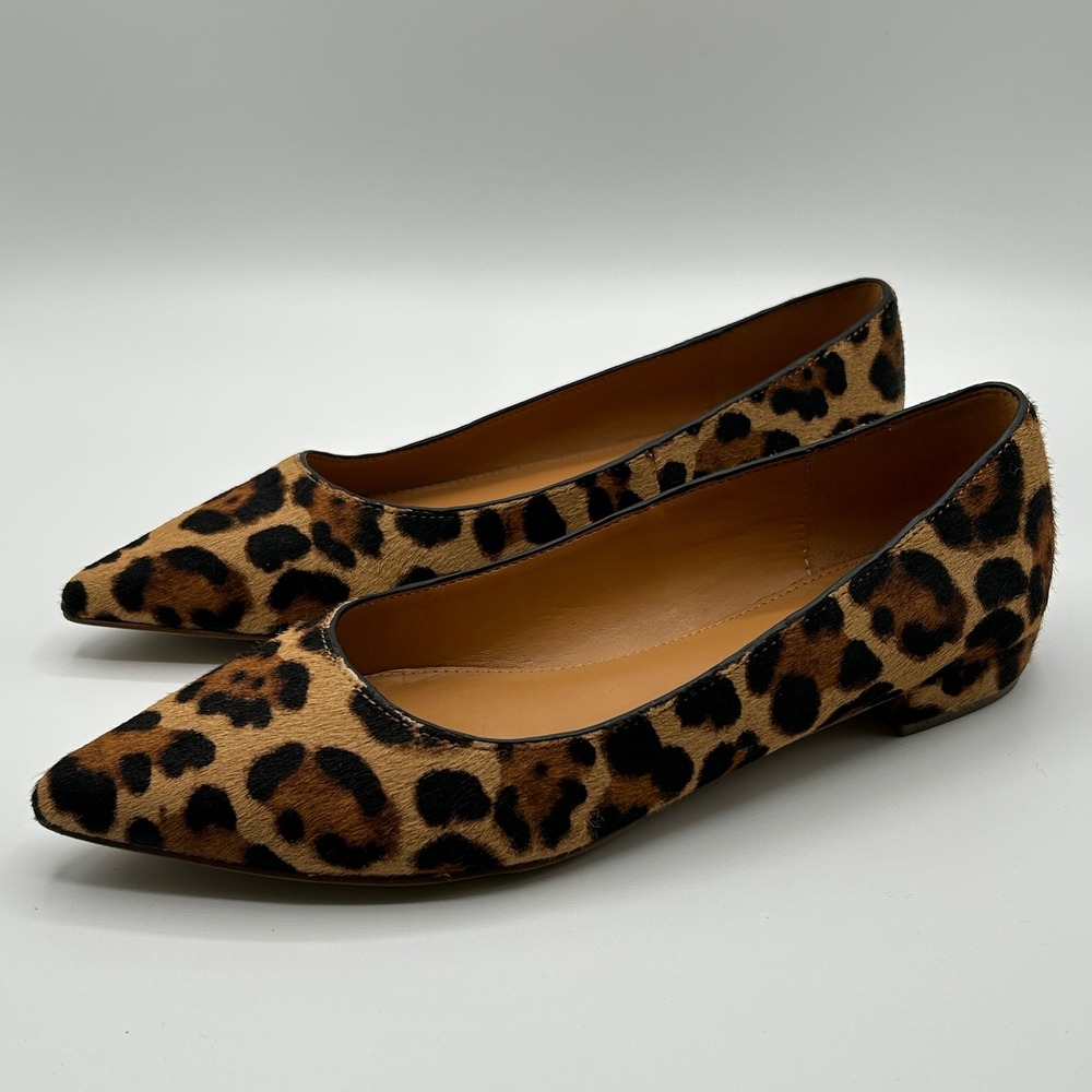 J.Crew Marina Calf Hair Pointy‎ Toe Flats Leopard Print Slip On Women's Size 6.5 - Picture 2 of 13